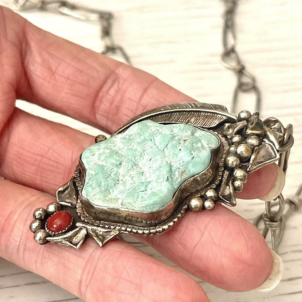 VTG Navajo Turquoise Pendant 2.5in Seafoam Nugget Paperclip Chain Necklace Old